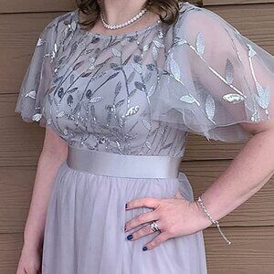 Ever Pretty Silver Sequin Tulle Gown with Flutter Sleeves size 24 NWT